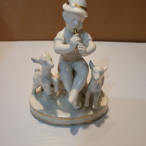 Erphila Germany Figurine Boy Playing Flute with Lambs/Goats White with Gold Trim - Picture 4 of 9